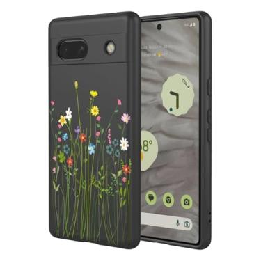 Imagem de OEURVQO Capa artística para Google 7A, capa de silicone líquido de toque macio com forro fofo, compatível com carregamento sem fio, capa protetora para Google Pixel 7A, flores silvestres pretas