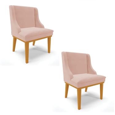 Imagem de Kit 02 Cadeiras de Jantar Liz Veludo Rosê Base Fixa Madeira Castanho D03 - D'Rossi