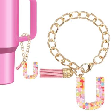 Imagem de Berloque de letras para copo Stanley Tumbler, lindos acessórios de pingente de letra U para chaveiro Stanley Tumbler Handle chaveiro personalizado para mulheres, rosa
