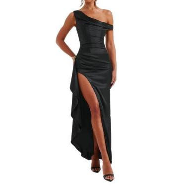 Imagem de Vestido de festa Alphirkut, longo, cetim, ombro a ombro, preto, femini