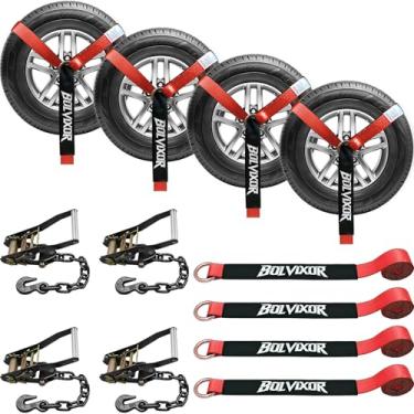 Imagem de Bolvixor Pacote com 4 correias de amarração de carro para reboques - 5 cm x 243 cm - Resistência à ruptura de 4,490 kg - Correias de catraca de pneu com âncoras de corrente resistente para transporte