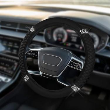 Imagem de HQRNYP Capa de volante de couro macio brilhante, protetor de volante, 38 cm colorido strass elástico, acessórios de carro de couro antiderrapante para mulheres e meninas (preto)