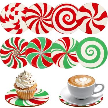 Imagem de UPINS 8 peças de porta-copos de Natal para bebidas, porta-copos de madeira de Natal, vermelho e verde, padrão de doces, porta-copos de mesa, decoração de Natal para presente de festa em casa