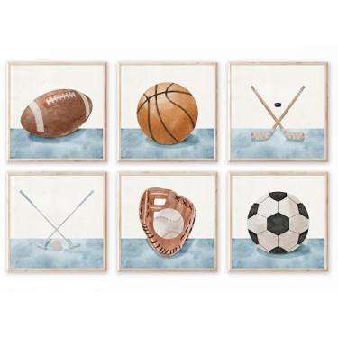 Imagem de Arte de parede esportiva vintage decoração de parede de quarto de meninos decoração de berçário aquarela futebol beisebol futebol basquete pintura em tela pôsteres esportivos para quarto de crianças