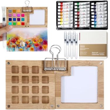 Imagem de Dunzoom Conjunto de mini tinta portátil para viagem em aquarela, incluindo 24 cores de tinta aquarela, caderno de desenho, 6 canetas absorventes, grampo e caixa de bambu para iniciantes