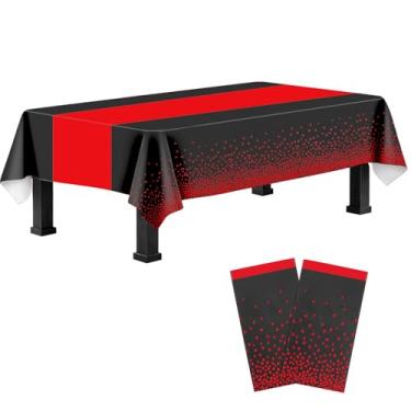 Imagem de 2 pacotes de toalhas de mesa de plástico preto e vermelho descartáveis, toalha de mesa de plástico preta impressa com caminho de mesa vermelho para decoração de festa de aniversário de aposentadoria