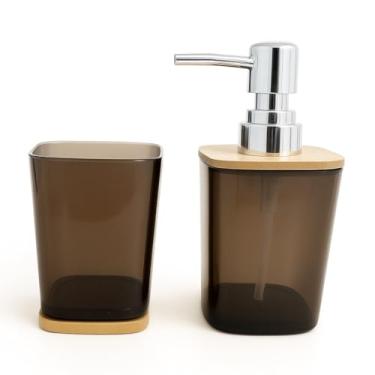 Imagem de Kit Banheiro Moderno, Porta Sabonete e Porta Escovas em Plástico com Detalhes em Bambu, Conjunto para Organização (Fumê e Bambu)