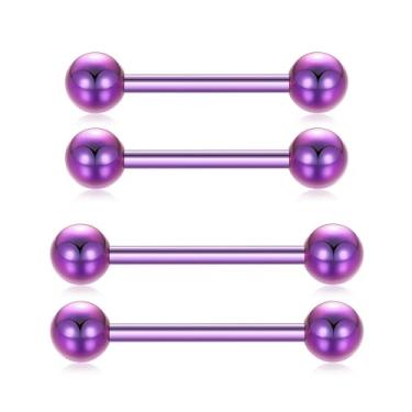 Imagem de QUZIONE Joias de piercing de mamilo, halteres de titânio G23 14G 14 mm 12 mm Anéis de língua rosqueados internamente barra reta, joia corporal hipoalergênica para homens e mulheres, 1 par (roxo)