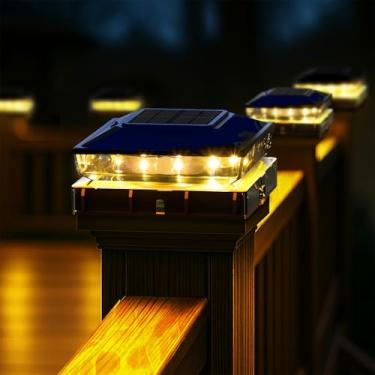 Imagem de KEILAIMO Luzes solares com tampa de poste de cerca à prova d'água, luzes solares para postes de madeira/vinil, 4 x 4/5 x 5, luz branca quente para varanda de jardim e pátio, preto tinta, pacote com 2