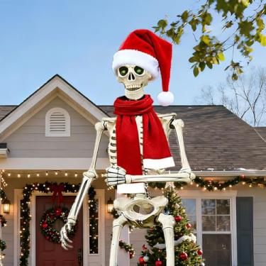 Imagem de WODMAZ Conjunto de acessórios de fantasia de Natal com esqueleto de 30 metros, inclui chapéu de Papai Noel e cachecol para decoração de Natal, jardim, gramado, ao ar livre (esqueleto não incluído)