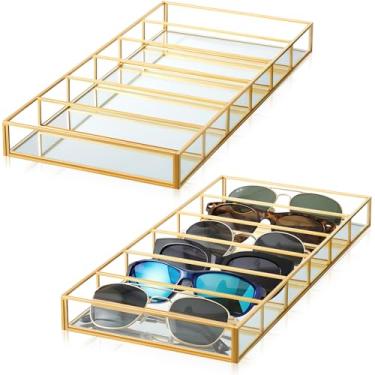Imagem de Fiwochic Pacote com 2 bandejas organizadora de óculos de sol, vintage, dourado, 6 compartimentos, para armazenamento de óculos, acabamento espelhado, joias e perfumes, suporte para gaveta e armário