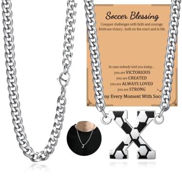 Imagem de NUKAYAI Colar de futebol com letra A a Z para homens, pingente de pingente de aço inoxidável, corrente de prata, acessórios de joias, material de 50,8 cm, colares personalizados, presentes de futebol