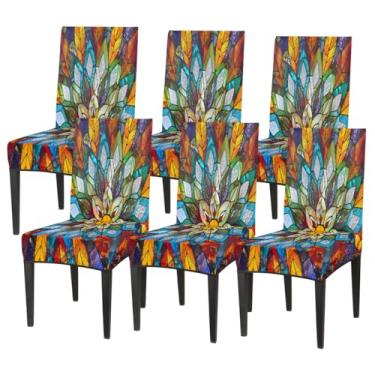 Imagem de hongjinglin Conjunto de 6 capas elásticas para cadeira de sala de jantar, capa protetora de assento de mandala, étnica, removível, lavável, para cozinha, casa, hotel, banquete, festa de casamento