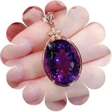 Imagem de Q&D&S Elegante colar com pingente de ametista, banhado a ouro rosa, pedra de cristal roxa com detalhe floral, corte redondo