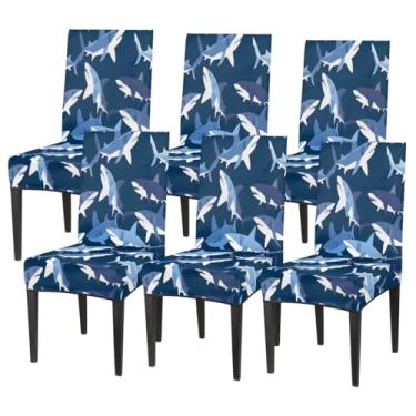 Imagem de hongjinglin Conjunto de 6 capas elásticas para cadeira de sala de jantar, conjunto de 6 peças, capa protetora de assento animal tubarão azul fofo removível lavável para cozinha, casa, hotel, banquete