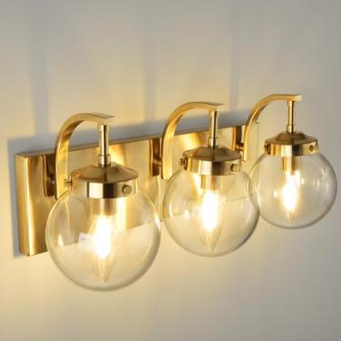Imagem de Beionxii Luminária de banheiro de 3 luzes, luminárias de banheiro douradas escovadas, luzes modernas com sombra de vidro transparente, iluminação de arandelas de parede sobre espelho corredor da sala