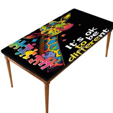 Imagem de Toalha de mesa retangular de 1,8 m elástica ajustada autismo colorido girafa toalha de mesa elástica retangular capa de mesa protetora à prova d'água lavável para piquenique, jantar, cozinha