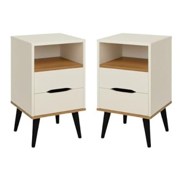 Imagem de Kit Conjunto 2 Mesas de Cabeceira OLD 2 Gavetas Pés Polipropileno Qaurto Cama Box Casal - PLM (OFF WHITE/NATURE)