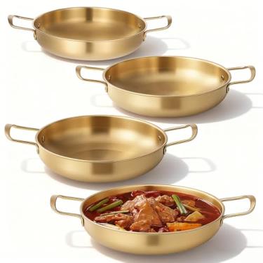 Imagem de IANFAN Pacote com 4 potes de macarrão coreano, panela dourada de aço inoxidável com alças, panela de aquecimento rápido para sopa, macarrão, macarrão, uso doméstico e externo, tamanhos 19 cm, 21 cm