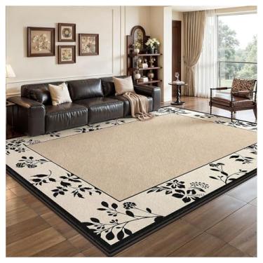 Imagem de SPXMQSS Tapetes florais laváveis, tapete vintage para sala de estar, antiderrapante, pilha baixa, não cai, fácil de limpar para sala de estar, quarto, sala de jantar, escritório em casa - bege preto A