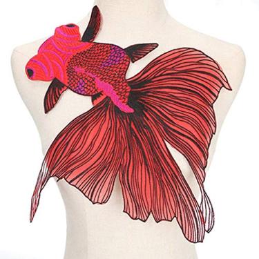 Imagem de Pasta de tecido de bordado dourado vermelho para roupas bordado patch para roupas costurar em apliques de peixe emblemas DIY ornamentos