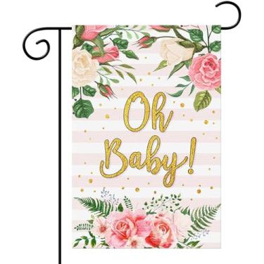 Imagem de Oh Bandeira de jardim de bebê, placa de boas-vindas de flor rosa vertical linho dupla face 30,5 x 45,7 cm anúncio de gravidez decoração de quintal