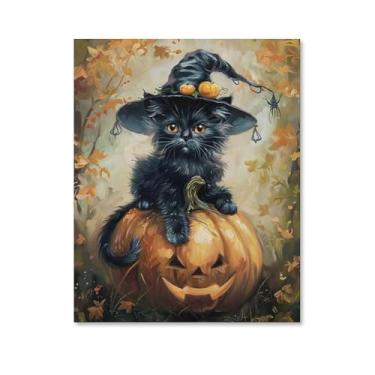 Imagem de HouLaiZhe Pôster de Halloween Gato Preto Abóbora Chapéu de Bruxa Impressões de Arte de Parede Decorações de Halloween Decoração de Parede Estética Gótica para Sala de Estar Quarto 16 x 20 polegadas