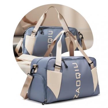 Imagem de Bolsa de Viagem e Academia Mala de Mão com Área Molhada Compartimento para Tênis Alça Ajustável Ideal para Avião Academia Praia e Fim de Semana (Azul Escuro)