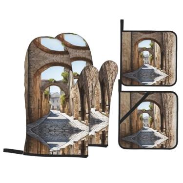 Imagem de Italian Street - Conjunto de luvas de cozinha com suportes de tampa, luvas de forno resistentes ao calor para manusear panelas quentes, grelhar, churrascos, kit de 4 peças.