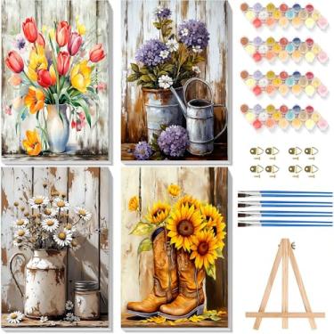 Imagem de bleihum Pacote com 4 kit de pintura de flores por números para adultos com armação de cavalete de madeira, kits de pintura vintage por números em tela, pintura rústica por números para adultos