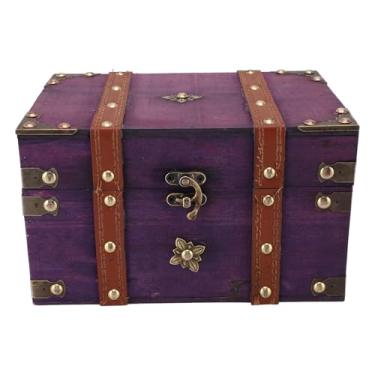 Imagem de NOENNULL Baú de tesouro vintage de madeira pequena caixa de armazenamento de joias de madeira baú de tesouro decorativa para decoração de quarto de casa (roxo)