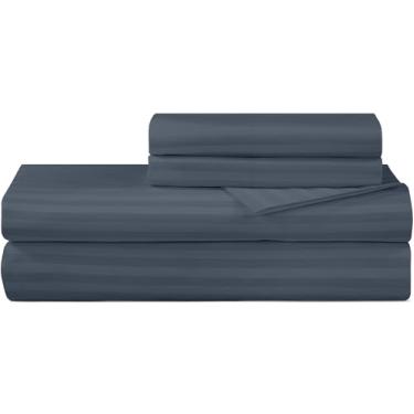 Imagem de ROYALE LINENS Jogo de lençol listrado 300 fios 100% algodão penteado de fibra longa - 4 peças: 1 lençol com elástico, 1 lençol liso, 2 fronhas - jogo macio e fresco, queen (listrado azul marinho)