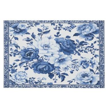 Imagem de CEBUGI Tapete de área 60 x 90 cm macio lavável tapete antiderrapante com suporte de borracha azul e branco tapetes de área para sala de estar, quarto, decoração de casa