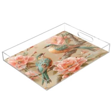 Imagem de STAYTOP Bandeja de acrílico para servir de pássaro fofo no ramo de flores, 15,7 x 11,20 cm, bandejas decorativas à prova de derramamento, organizador de bancada para café da manhã, chá, comida