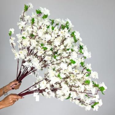 Imagem de Kit Buquês de Flores de Cerejeira e Pessegueiro Artificial 65CM Decoração Oriental Casa Festa Evento(15,Branco)