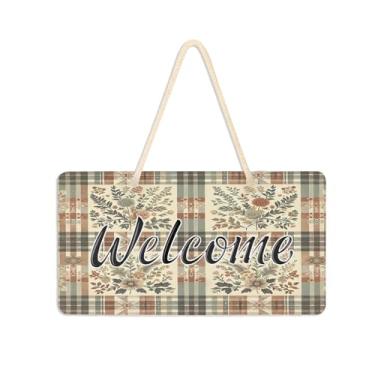 Imagem de Burbuja Placa de boas-vindas floral xadrez vintage para porta da frente, placa de boas-vindas de PVC para decoração de férias, 15 x 28 cm