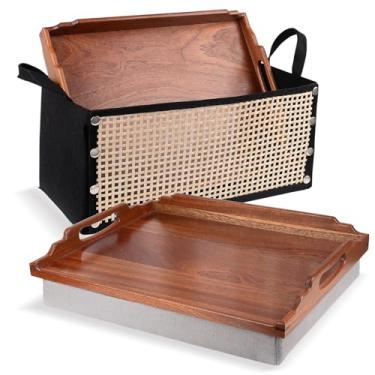 Imagem de DRELIFAM Mesa de colo com almofada, bandeja de madeira para comer, bandeja de colo em poltrona reclinável, bandeja de café da manhã, bandejas de comida para cama de jantar para TV (2 sapele de madeira