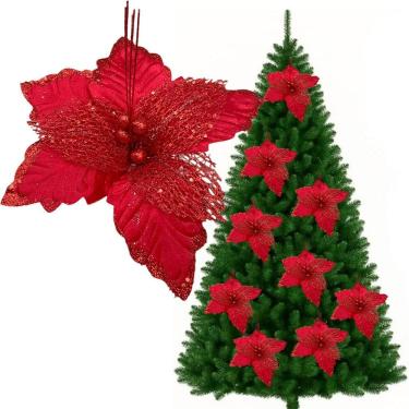 Imagem de Flores Árvore Natal Gliter Vermelho Decoração Kit 10pçs 25cm