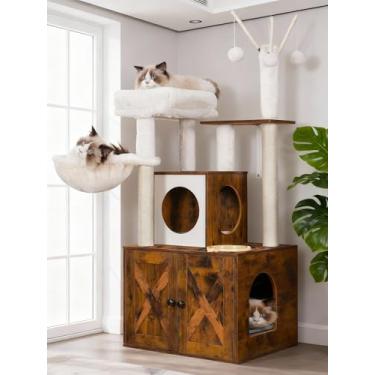 Imagem de Heybly Árvore para gatos, caixa de areia de madeira com estação de alimentação, móveis internos para gatos multifuncionais com grande plataforma e condomínio, torre de gato de estilo moderno, rede, marrom rústico HCT102SR
