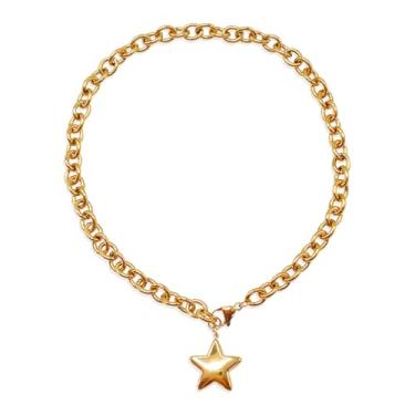 Imagem de huoflame Colar com pingente de estrela de ouro grosso para mulheres, colar gargantilha de corrente grossa de ouro 18K, joia moderna, colar com pingente de estrela para uso diário e presentes
