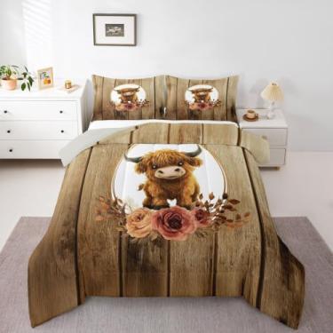 Imagem de Jogo de cama casal com estampa de vaca Highland, rústica com porta de celeiro floral, animais do oeste rústico, para crianças, meninas, meninos, vintage, placa de madeira, decoração de quarto