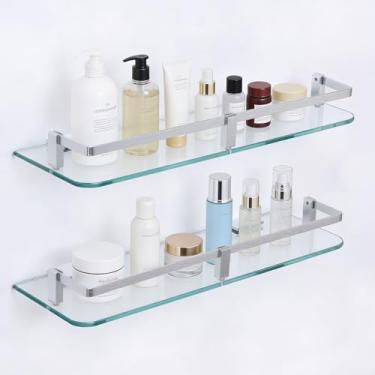 Imagem de SYLXTEEM Prateleira de vidro de 40 cm para banheiro, prateleiras flutuantes retangulares de vidro temperado com trilho de alumínio e suportes de alumínio, prateleiras de chuveiro para armazenamento