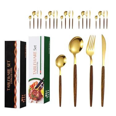 Imagem de AUXOM Faqueiro 24 Peças em Aço Inox 416 - Jogo de Talheres Premium com Caixa Litografada, Alças de Madeira e Polido de faca e garfo Conjunto para Mesa Posta e Utensílios de Casa/Restaurante (Dourado)