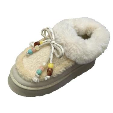 Imagem de Botas femininas modernas e casuais, versáteis, bico redondo, fundo plano, cor sólida, tubo de esponja, parte inferior grossa com isolamento espesso, Bege, 35