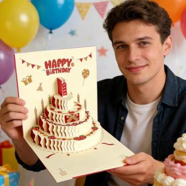 Imagem de Cartões de feliz aniversário pop-up 3D, cartão de felicitações de bolo fofo para amigos e famílias, borboletas 3D e buquê de flores para sempre, cartão vermelho/bolo