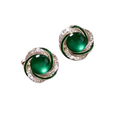 Imagem de Brincos femininos em forma de flor verde e dourada com design de diamante falso e pérola verde, mostrando seu charme feminino único, adequado para o dia a dia e qualquer ocasião.