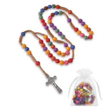 Imagem de ZJRUI Colar de rosários católicos de madeira feito à mão com sacos de organza branca, colar com pingente de cruz com contas coloridas, contas de osário, feito à mão para homens e mulheres
