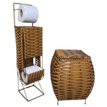 Imagem de Porta Papel Higiênico e Lixeira Juncado Aramado Organiza Banheiro, Suporta 2 Rolos, Design Compacto Ideal para Casas e Apartamentos Chão e Lavabo (LIXEIRA + SUPORTE JUNCO)