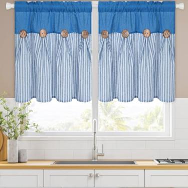 Imagem de ASPMIZ Cortinas de cozinha de linho de 61 cm de comprimento, cortina de janela de cozinha com botão boho de fazenda sobre a pia, cortinas curtas listradas azul lago para janelas pequenas, banheiro