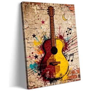 Imagem de Arte de parede de guitarra grafite emoldurada - Impressão em tela com notas musicais vintage 30,5 x 40,6 cm, pôster com tema musical para quarto, sala de estar, decoração de estúdio
